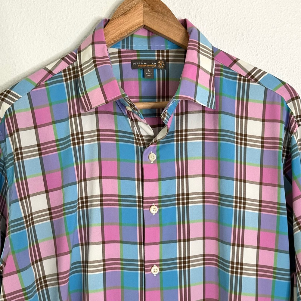 Peter Millar Summer Comfort Nylon Stretch Plaid Button Down Shirt Men L
